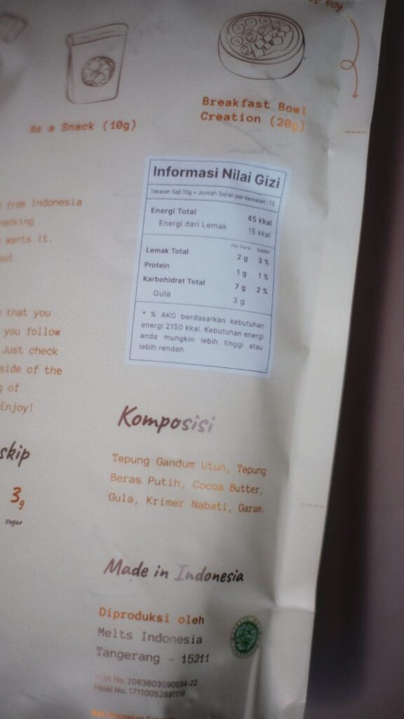 Nutrition Facts & Komposisi Melts Creamy White Cookies