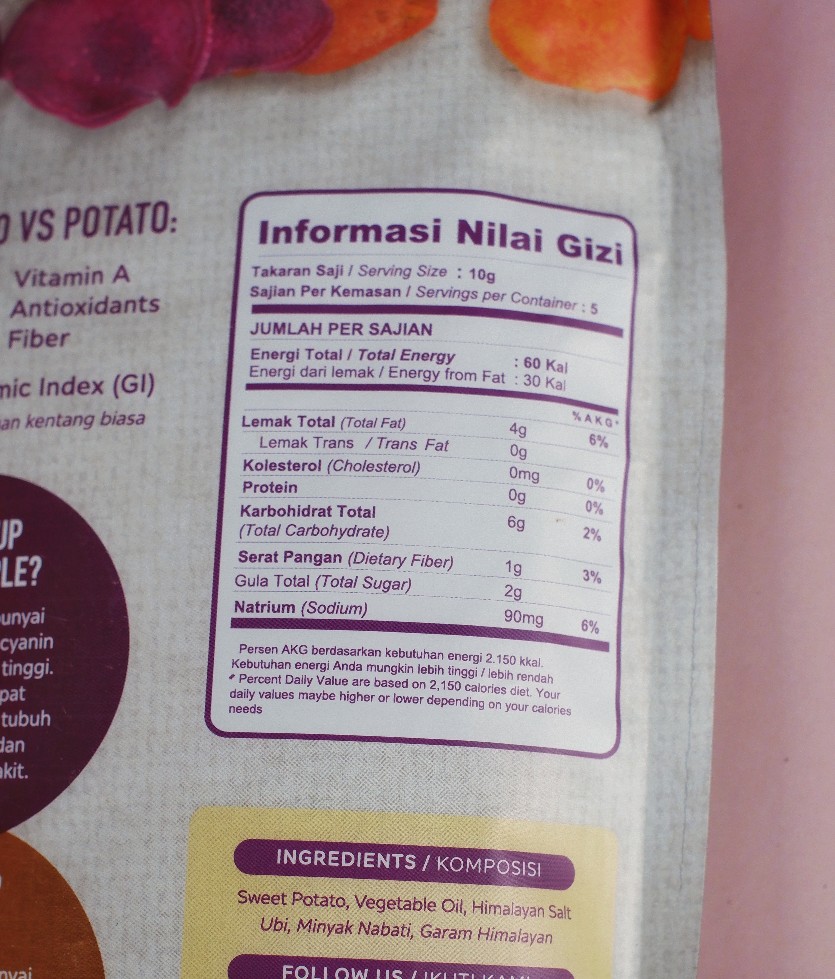 snack asin rendah kalori Nutritional Facts Pota Sweet Potatoes Chips