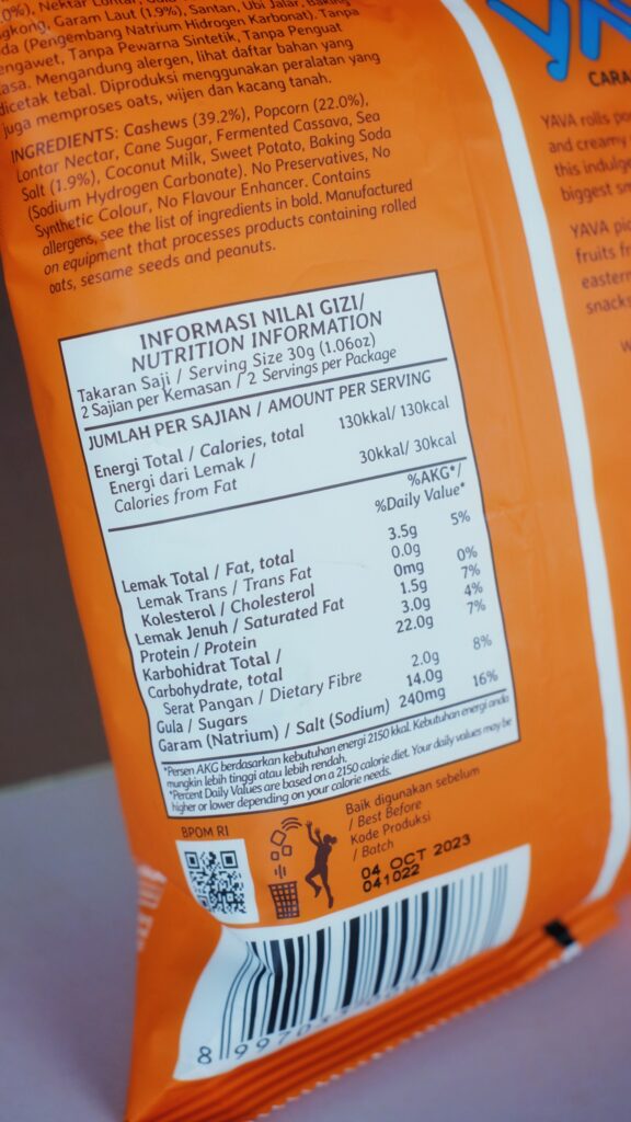 YAVA Popcorn Caramel Cashew Nutritional Facts