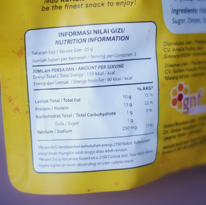 Nutritional Facts Raftels Fish Skin camilan tinggi kalori