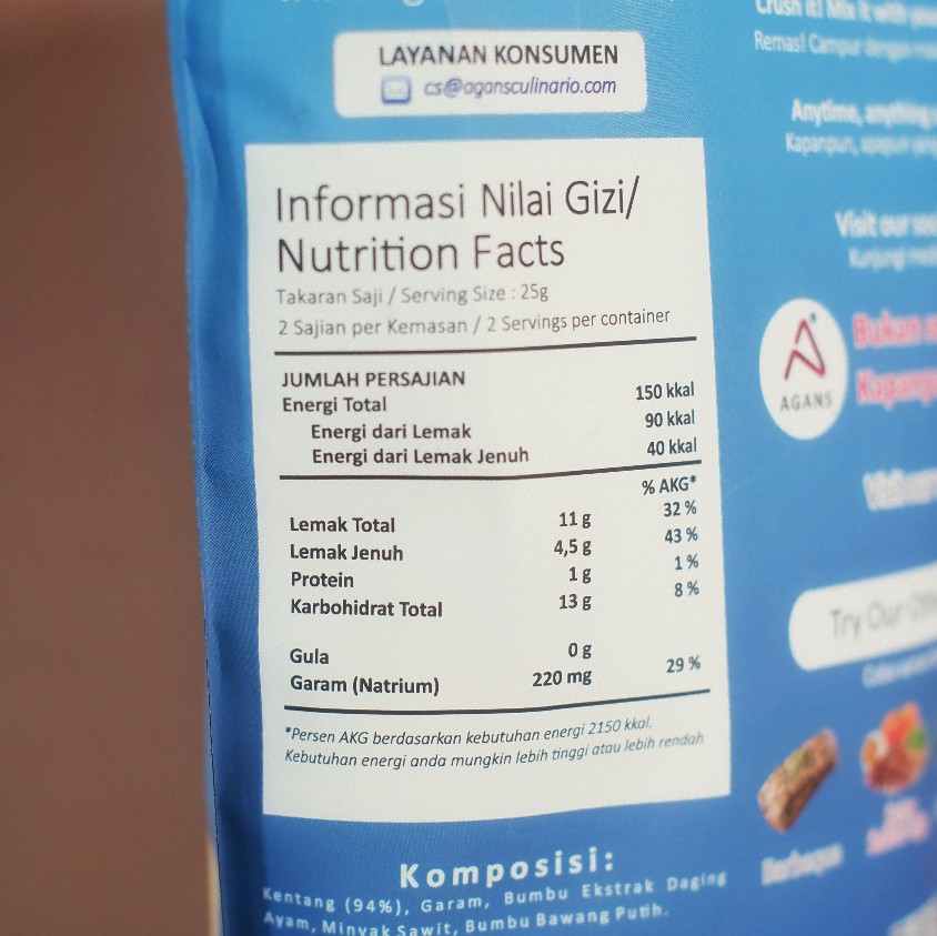 Nutritional Facts Agans Potato Chip