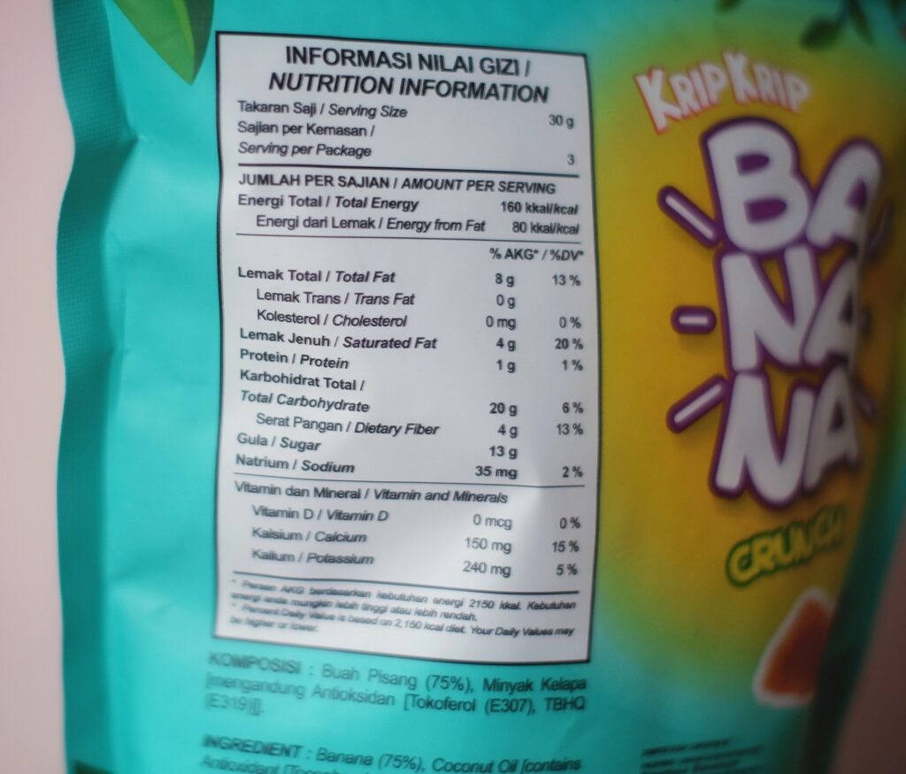 Nutrition facts krip krip banana crunch snack malam hari